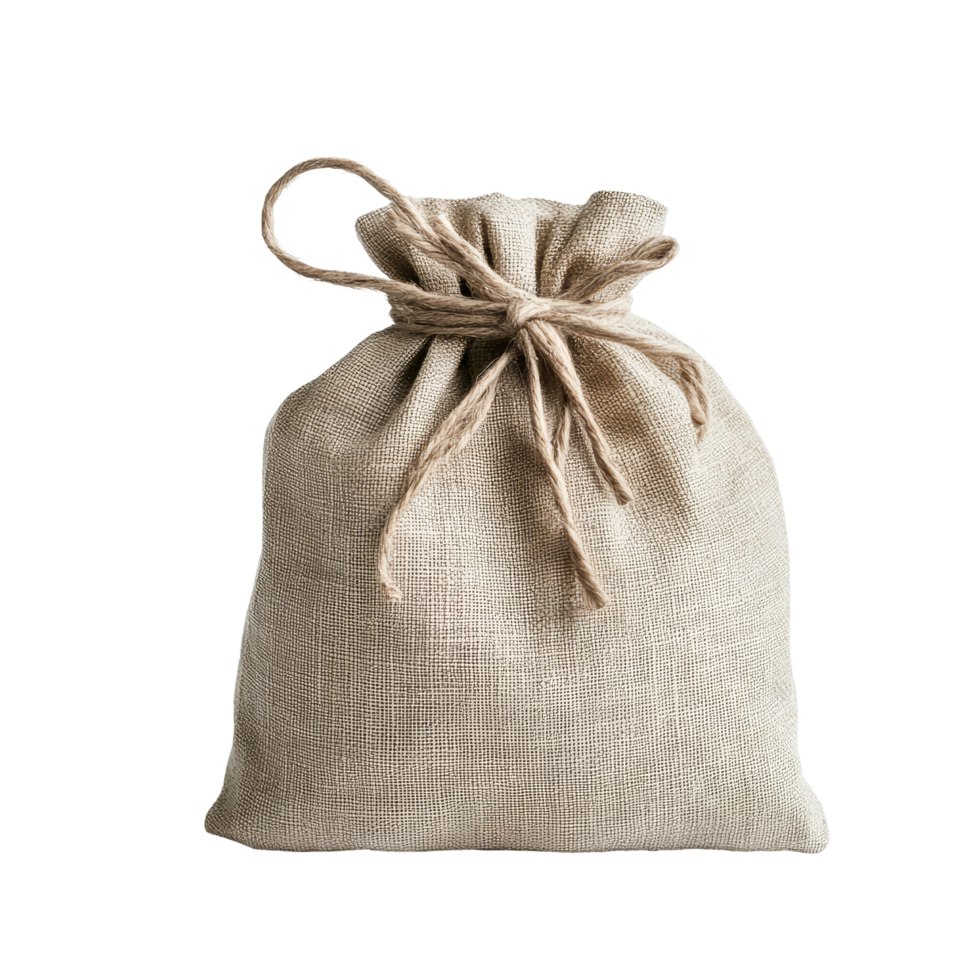 Natural ecofriendly linen small bag mockup for sustainable packaging options, Textile small bag mockup. Natural eco fabric linen cotton sack isolated on transparent, transparent background png