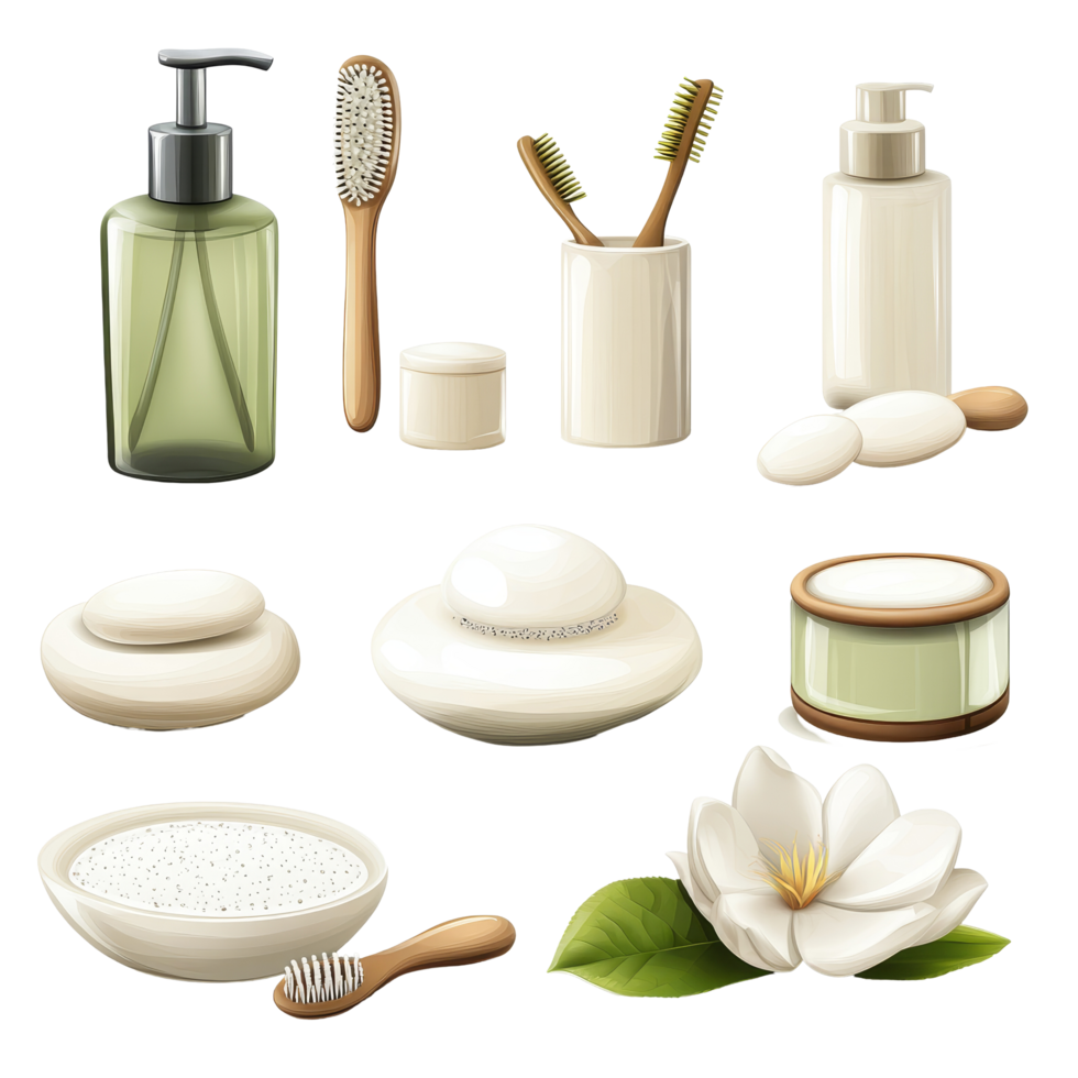 A day spa collection featuring natural beauty products and tools for relaxation and skincare routines, day spa set, file of isolated object with shadow on transparent background png