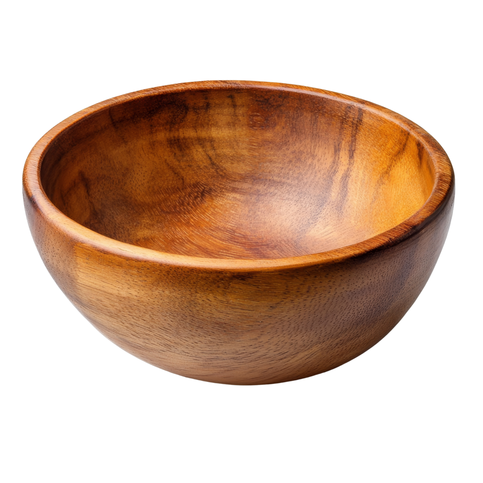Natural brown wooden bowl isolated on transparent background with smooth finish, perfect for serving or display options, Isolated brown empty natural wooden bowl png