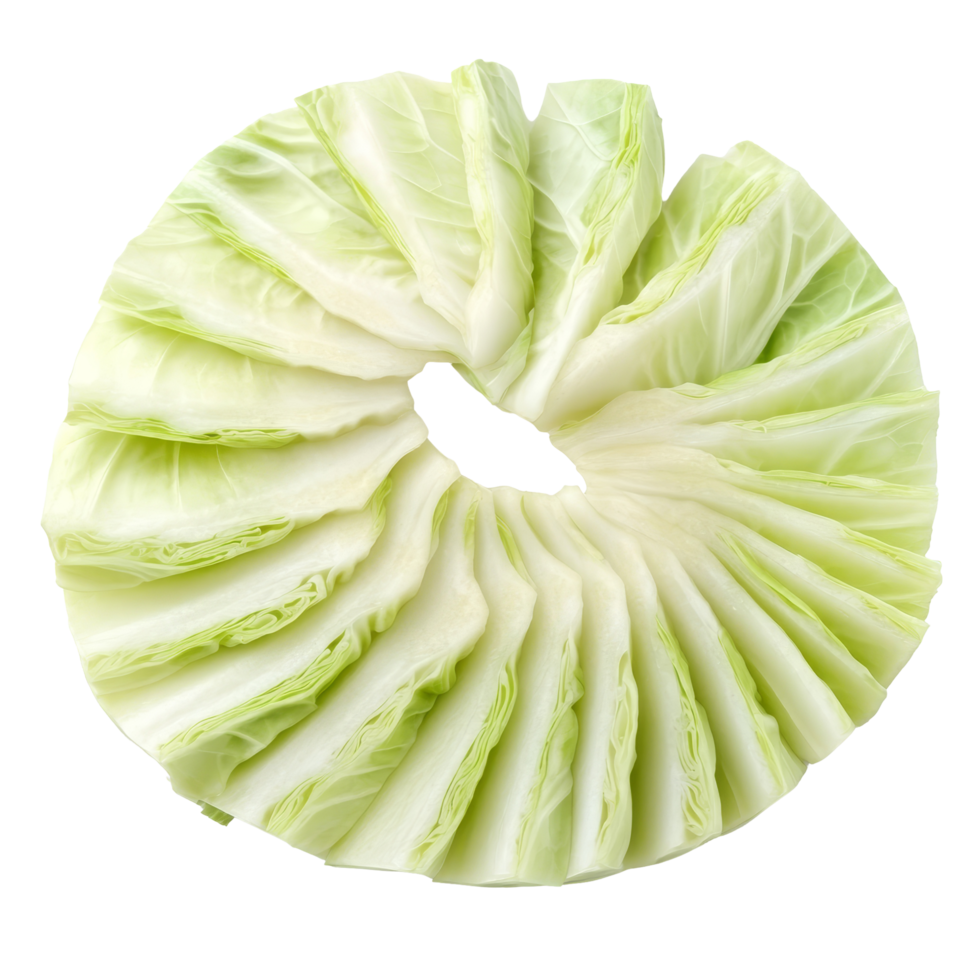 Sliced cabbage arranged in a circular pattern on a transparent background highlighting its fresh layers and texture, Cabbage sliced isolated on transparent background png