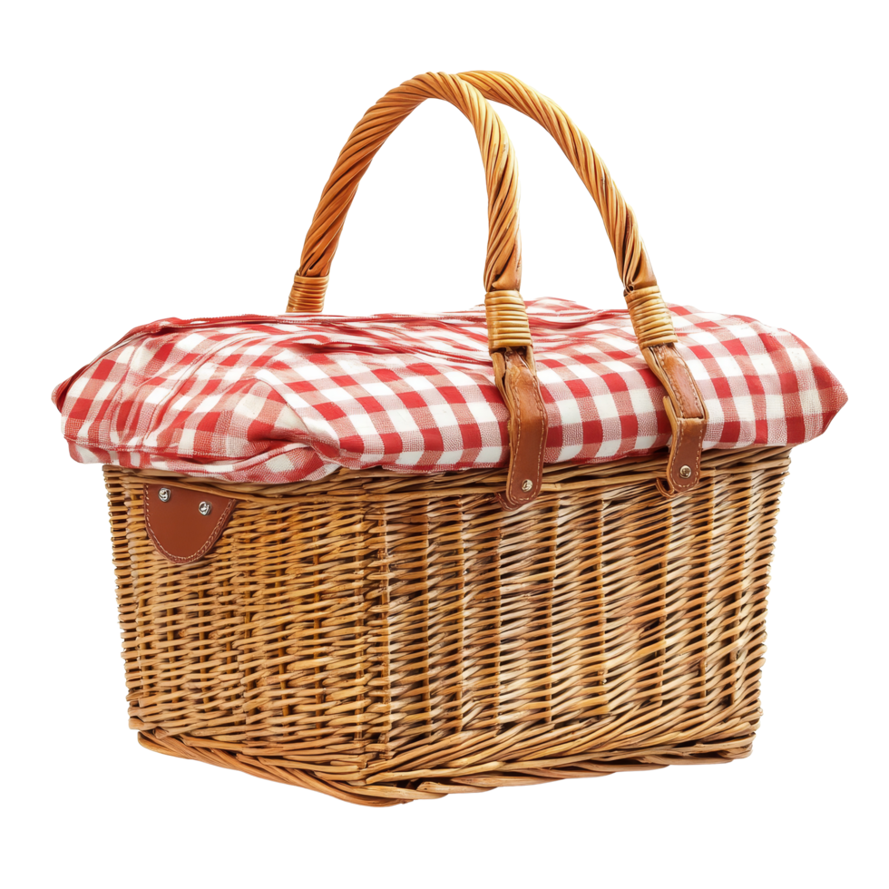 A classic wicker picnic basket with a red and transparent checked blanket ready for outdoor dining on a sunny day, Picnic basket isolated on transparent background png