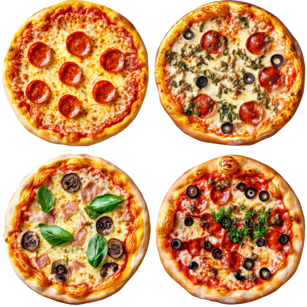 Four assorted pizzas featuring pepperoni, vegetables, and gourmet toppings isolated on a transparent background, four different pizzas isolated png