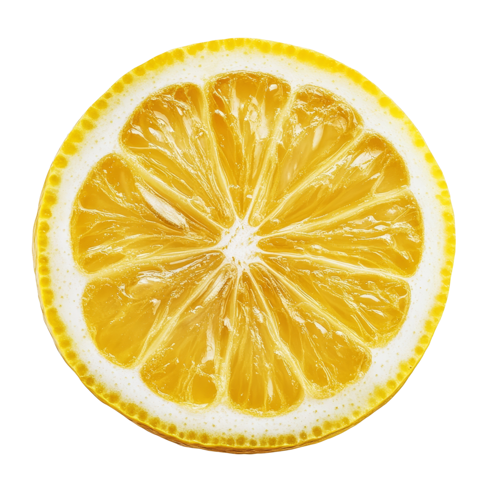 Freshly cut lemon slice isolated on a clean transparent background showcasing vibrant yellow color and juicy texture, fresh slice lemon isolated on transparent background png