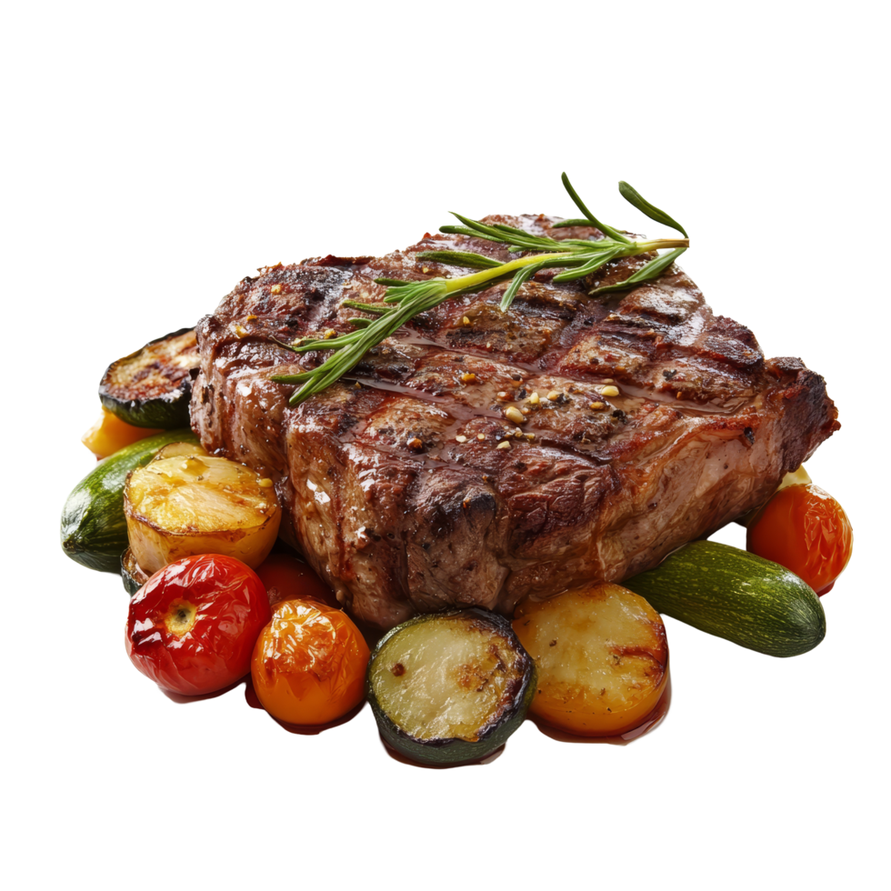Juicy roasted beef steak with seasonal vegetables plated on a clean transparent background, roasted beef steak with vegetables isolated on transparent png