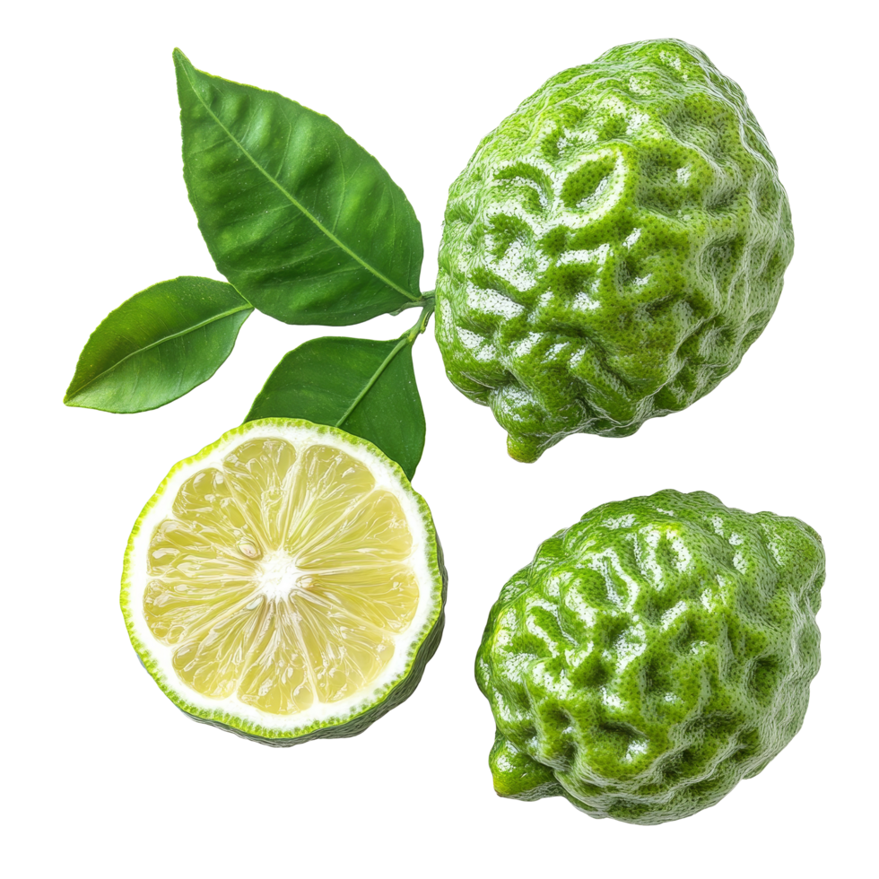 Fresh ripe bergamot fruit with green leaves on a clean transparent background, perfect for culinary uses or zesting, ripe bergamot isolated on transparent background png