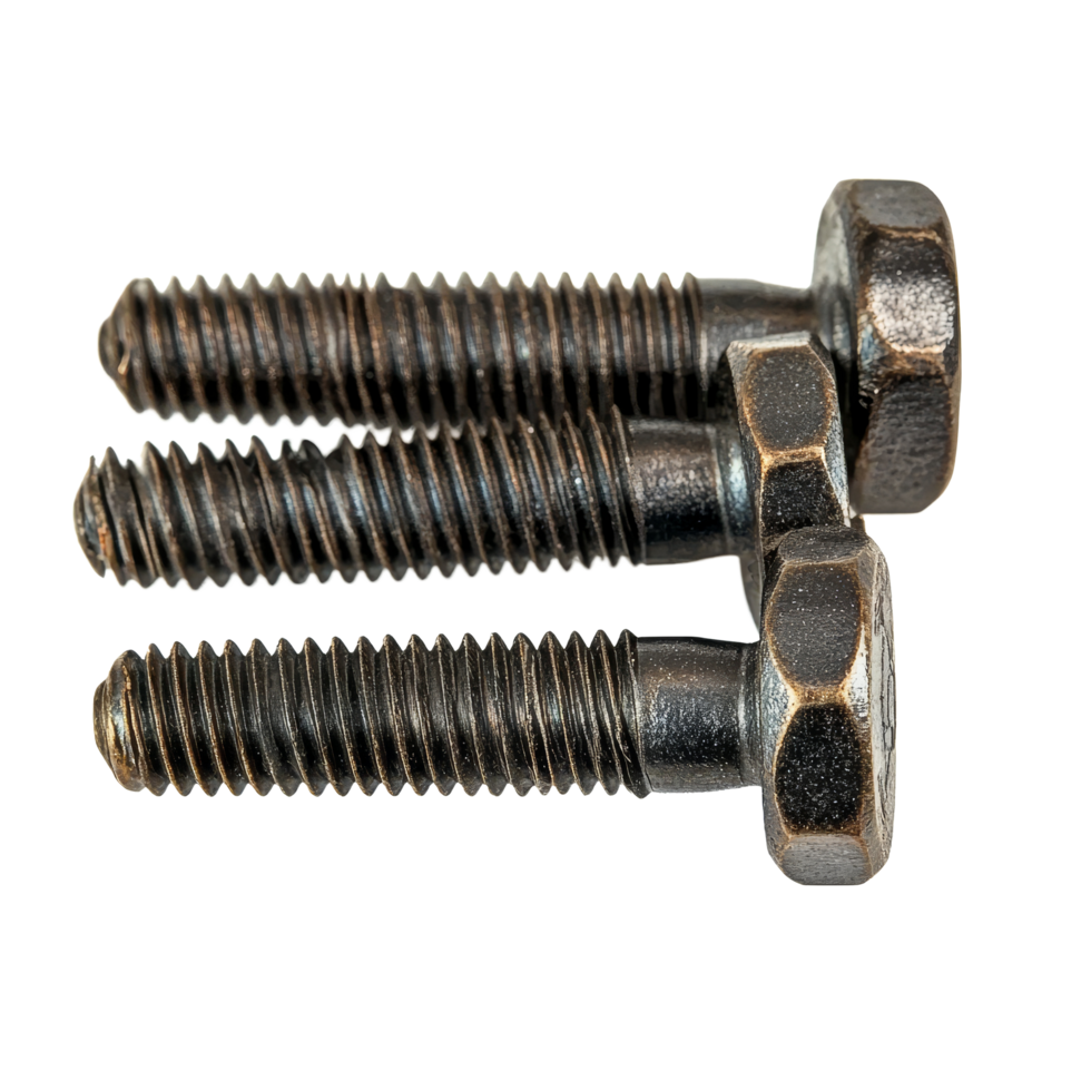 Three screws neatly arranged on a clean transparent background for hardware and construction contexts, three screws isolated on a transparent background png