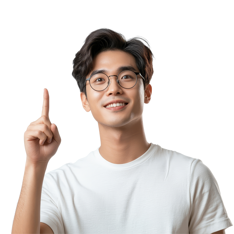 Attractive young Asian man with glasses pointing upward in a bright studio setting, Attractive young smart Asian man pointing up with his finger transparent background png