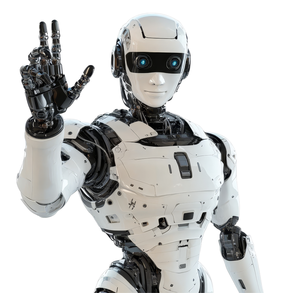 A humanoid robot with expressive features waves its hand against a clean transparent background, Humanoid Robot Waving Hand on transparent background png