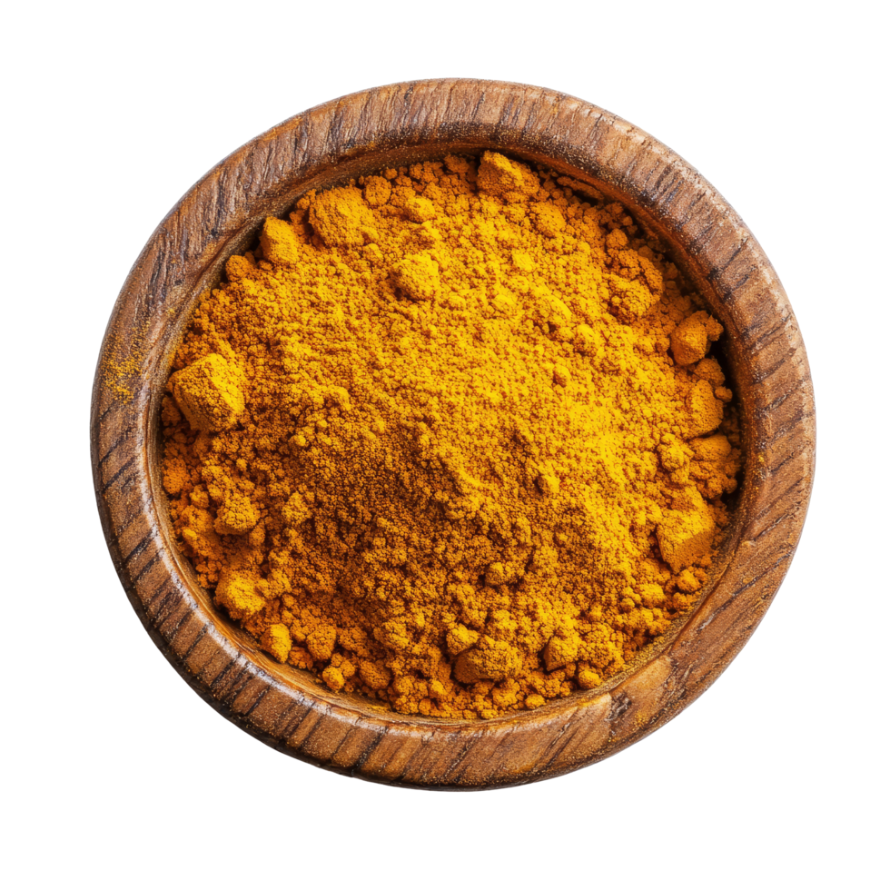 Turmeric powder in a wooden bowl against a clean transparent background showcasing vibrant color and texture, turmeric powder in wood bowl on transparent background png