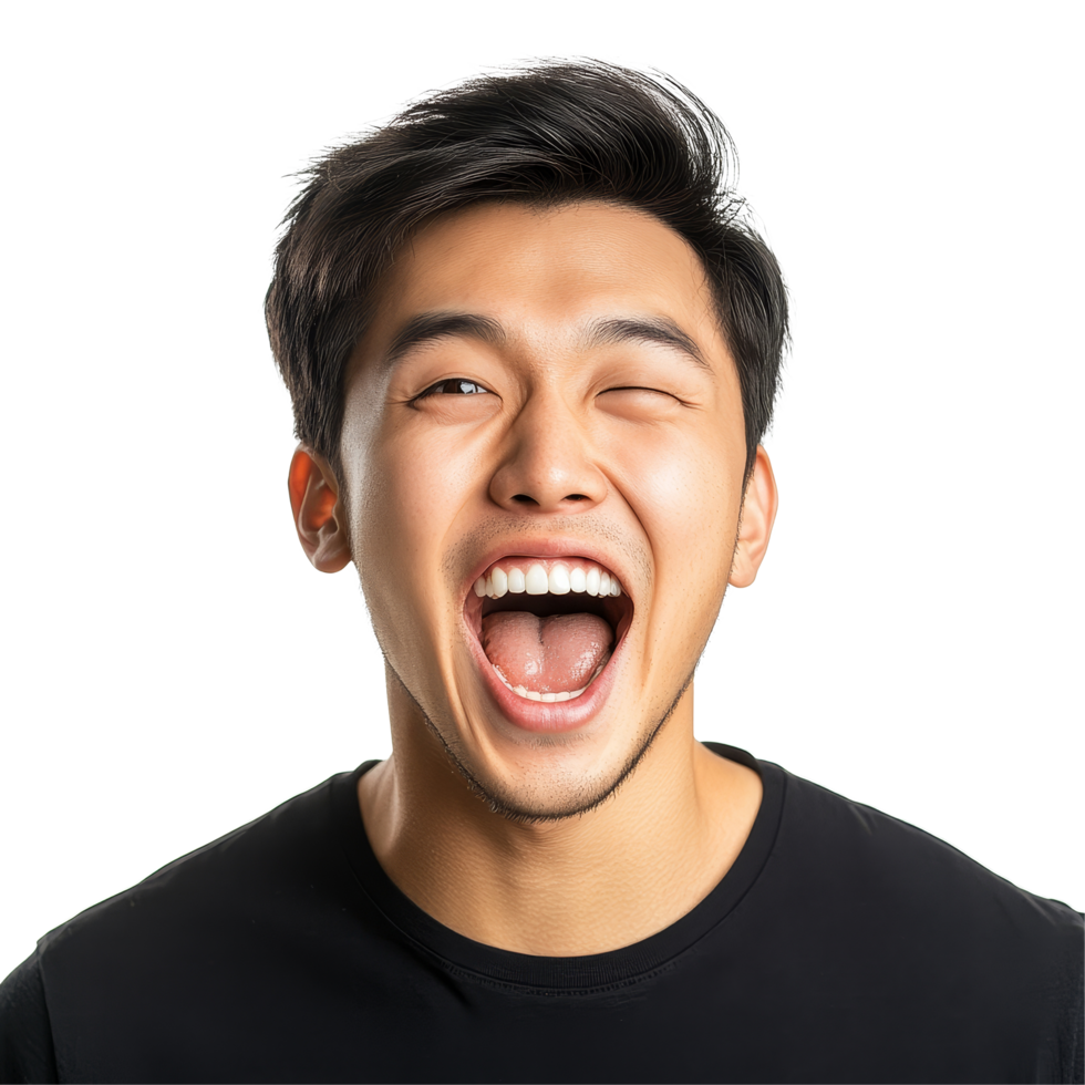 Young Asian man joyfully shouting and expressing happiness against a plain transparent background, Happy handsome young Asian man shouting isolated transparent background png