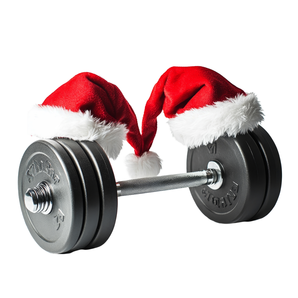 Dumbbells adorned with festive Santa hats on a clean transparent background for Christmas fitness motivation, Dumbbells with Santa Hats on transparent background Christmas Gift png