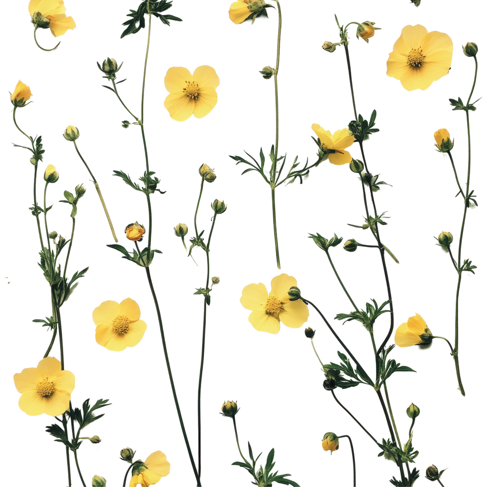 Beautiful arrangement of yellow flowers with green stems on a clean transparent background creating a bright ambiance, yellow flowers on transparent background png