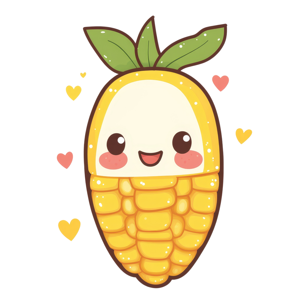 Cute kawaii corn character on a plain transparent background, radiating joy and warmth with adorable facial expression, Kawaiistyle cute corn on a transparent background png