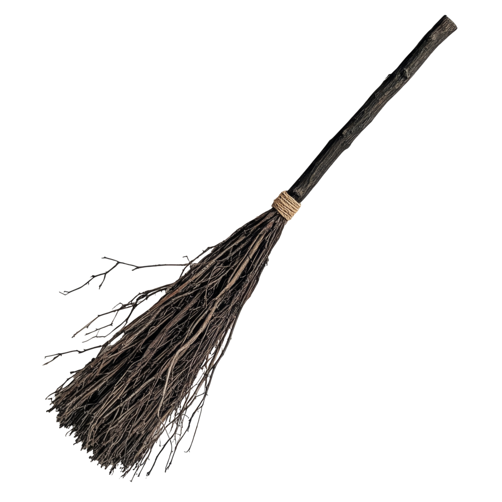 Realistic witch broom made from natural materials on a transparent background for Halloween or witchcraft decoration, Realisitc Witch broom on transparent background png