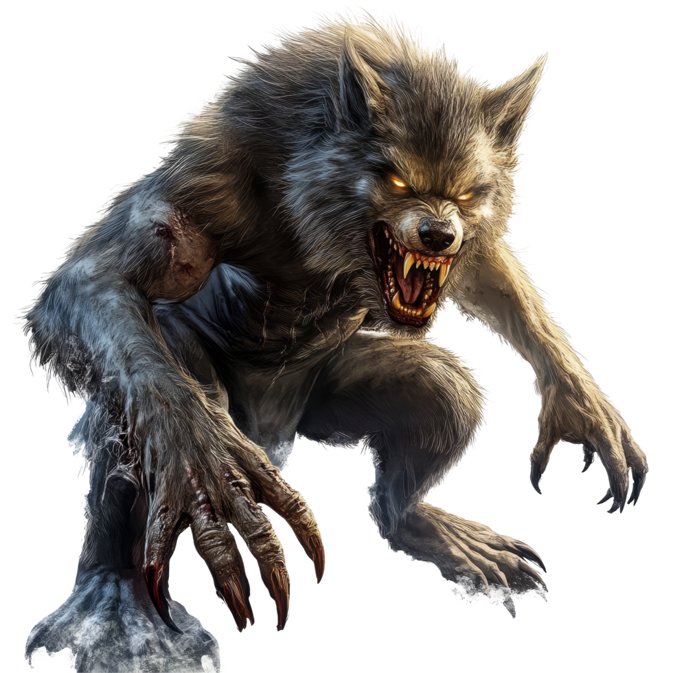 A terrifying werewolf creature depicted as a fearsome beast with glowing eyes on a transparent background, scary werewolf, file of isolated object on transparent background png