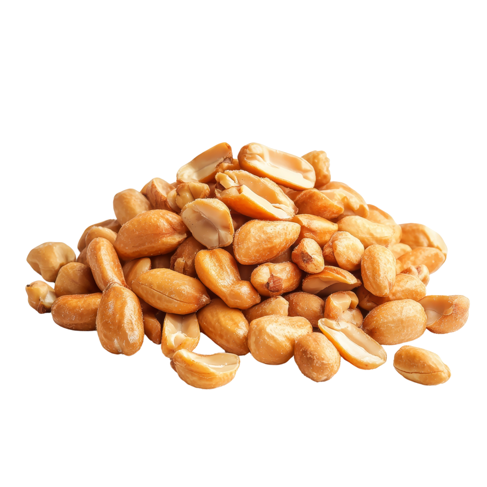 Roasted peanuts piled on a transparent background showcasing their texture and color for culinary use or snacking, Roasted peanuts isolated on transparent background png