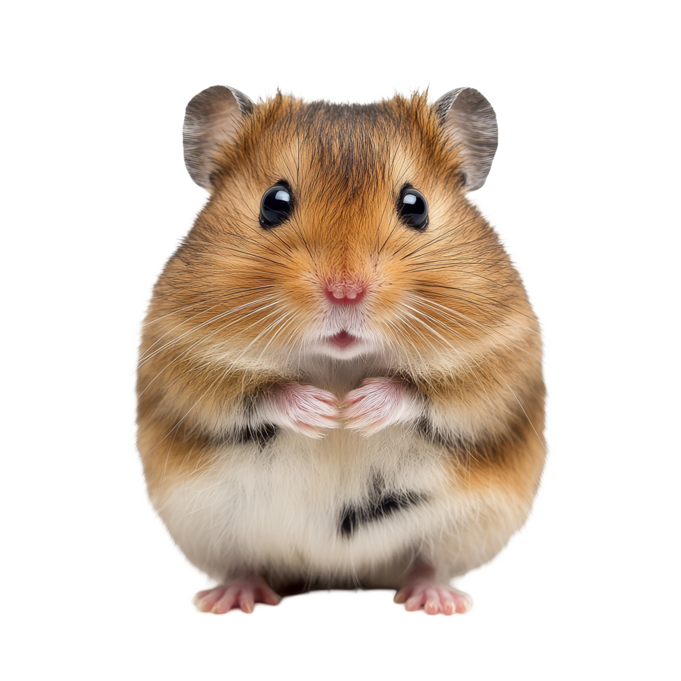 A cute hamster sitting against a transparent background, showcasing its adorable features and playful demeanor with paws together, cute hamster isolated on transparent background png