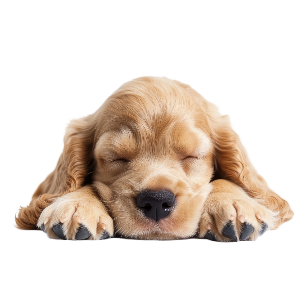 Happy English Cocker Spaniel puppy peacefully sleeping on a soft surface, capturing warmth and tranquility in the moment, Happy English Cocker Spaniel Puppy Dog sleeping Isolated On transparent png