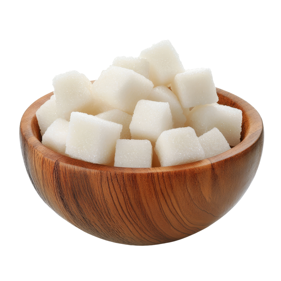 Fresh transparent sugar cubes neatly arranged in a wooden bowl isolated on a clean transparent background for culinary displays, Sugar cube in wood bowl isolated on transparent background png