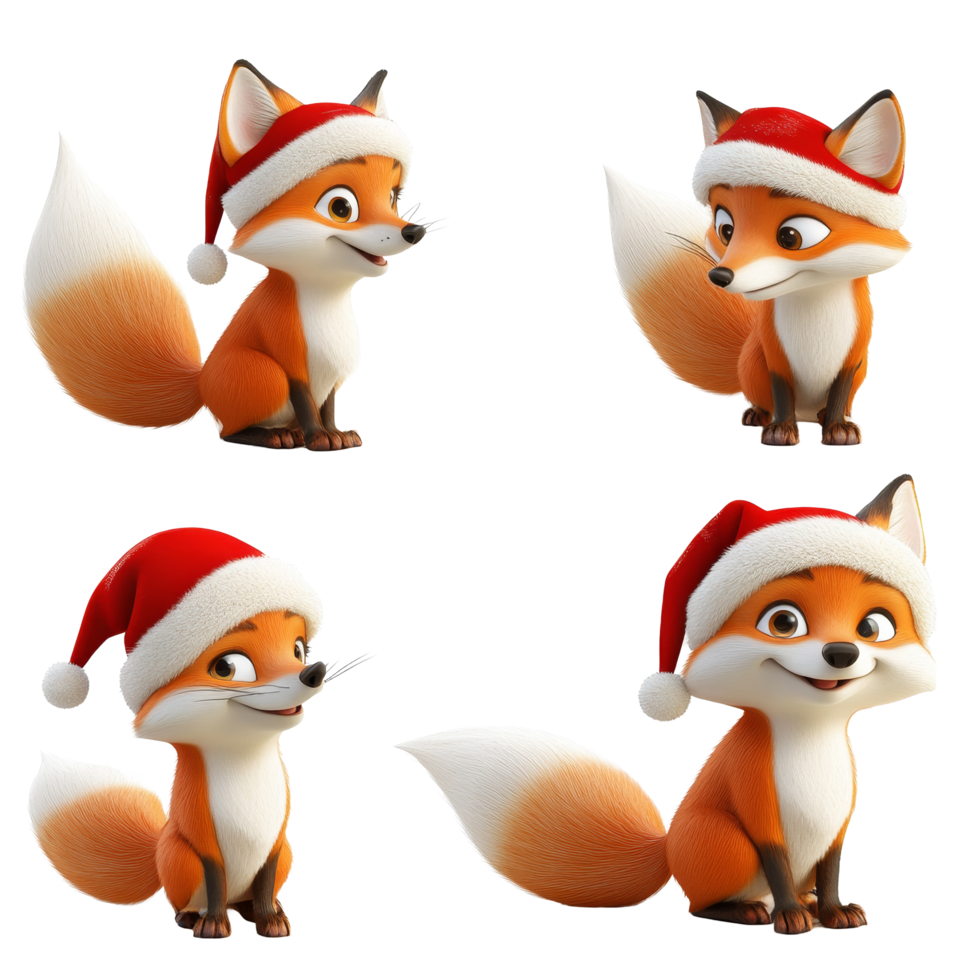 Cute cartoon foxes wearing Santa hats on a transparent background ready for the holiday season, 3D Cartoon Fox Set in Santa Hats on transparent background png