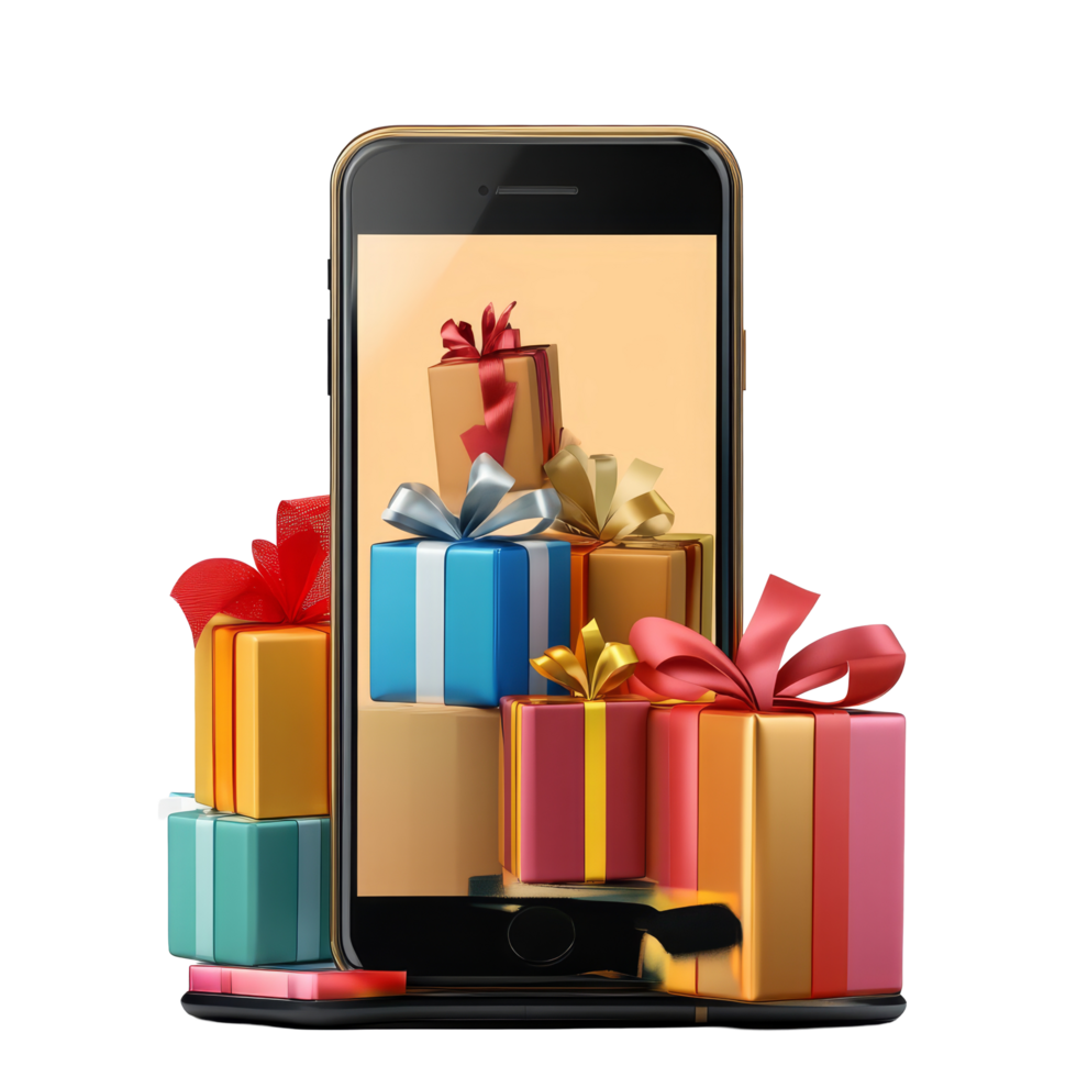 Exciting online shopping sale featuring colorful gift boxes on a smartphone display, file no background Online shopping big sale on smartphone png