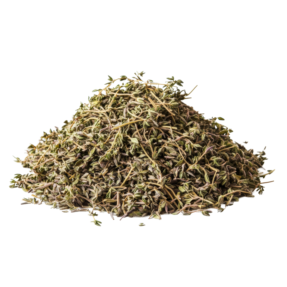 Heap of dried thyme herbs isolated on a transparent background for culinary and medicinal uses, Heap of dried Thyme isolated on transparent background png