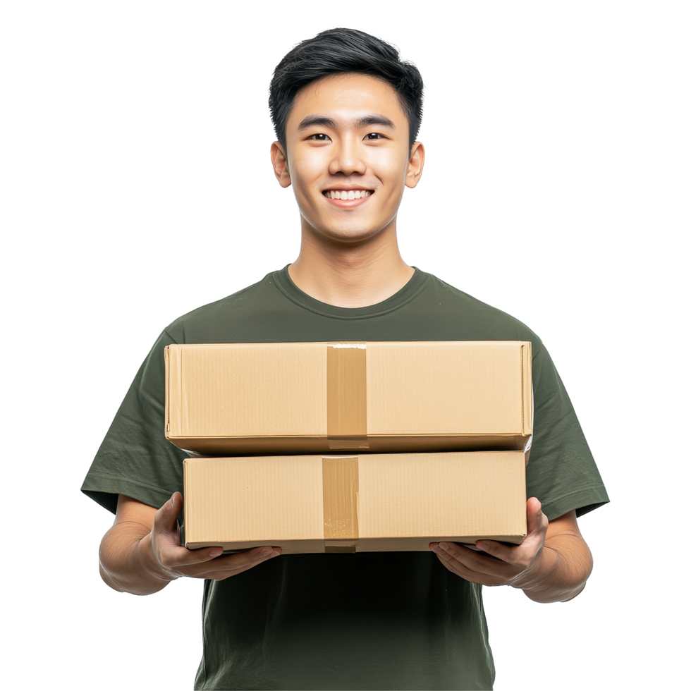 Happy young Asian man holds two parcel boxes with a cheerful expression in a bright, modern space, Happy young Asian man holding package parcel boxs isolated on transparent background png
