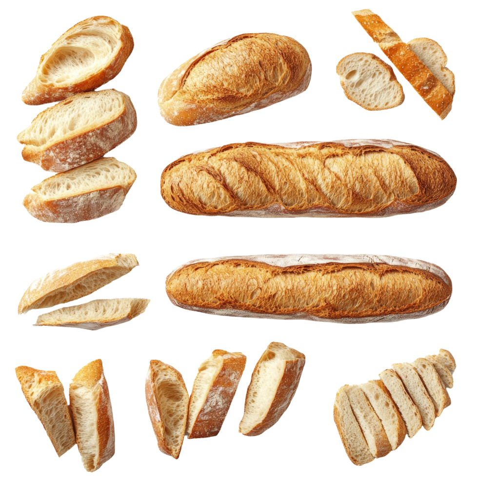 Different angles of freshly sliced baguette with crusty texture on a clean transparent background, Different angle of sliced baguette isolated png