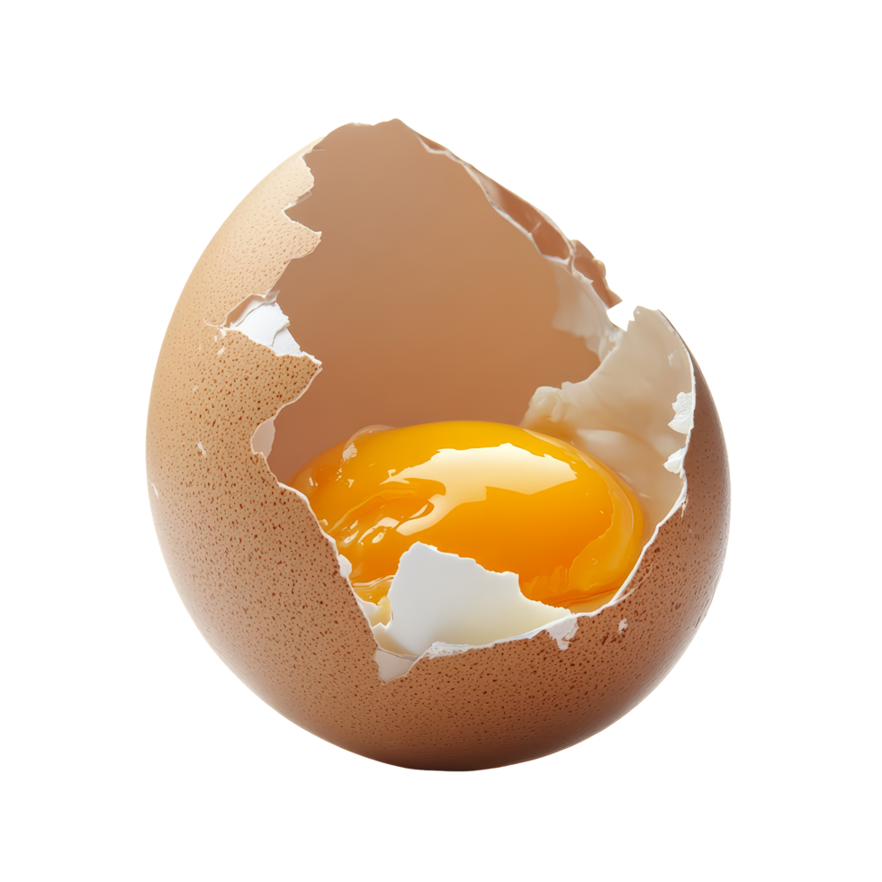 A cracked eggshell revealing vibrant yolk and transparent on a clean, bright background in a simple yet captivating arrangement, Cracked egg shell revealing egg yolk and transparent isolated png
