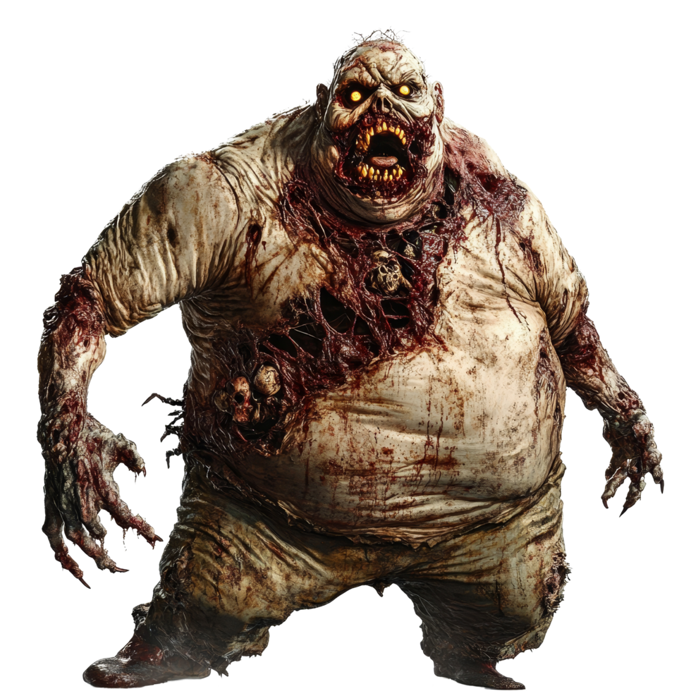 A terrifying fat zombie stands menacingly against a stark transparent background, embodying horror and dread in its appearance, Fat scary zombie on transparent background png