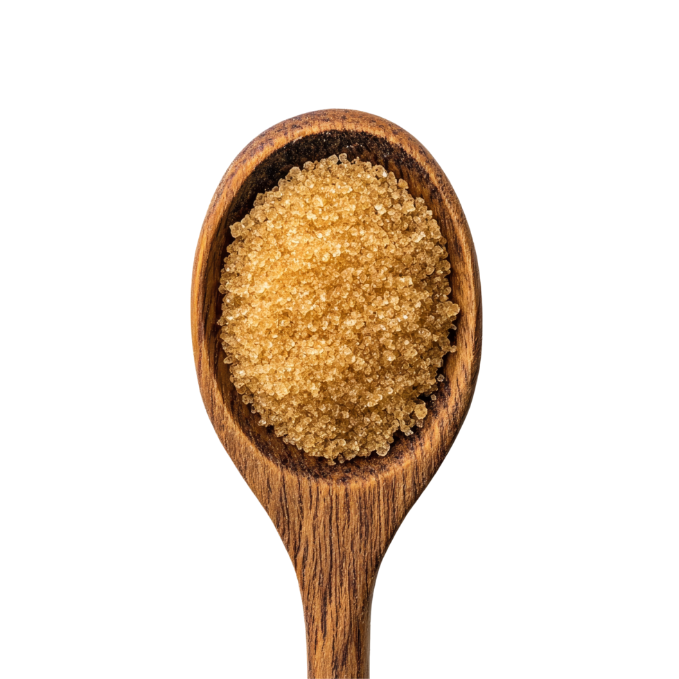 Brown sugar in a wooden spoon on a transparent background showcasing its texture and color in natural light, Brown sugar in wooden spoon on transparent background png