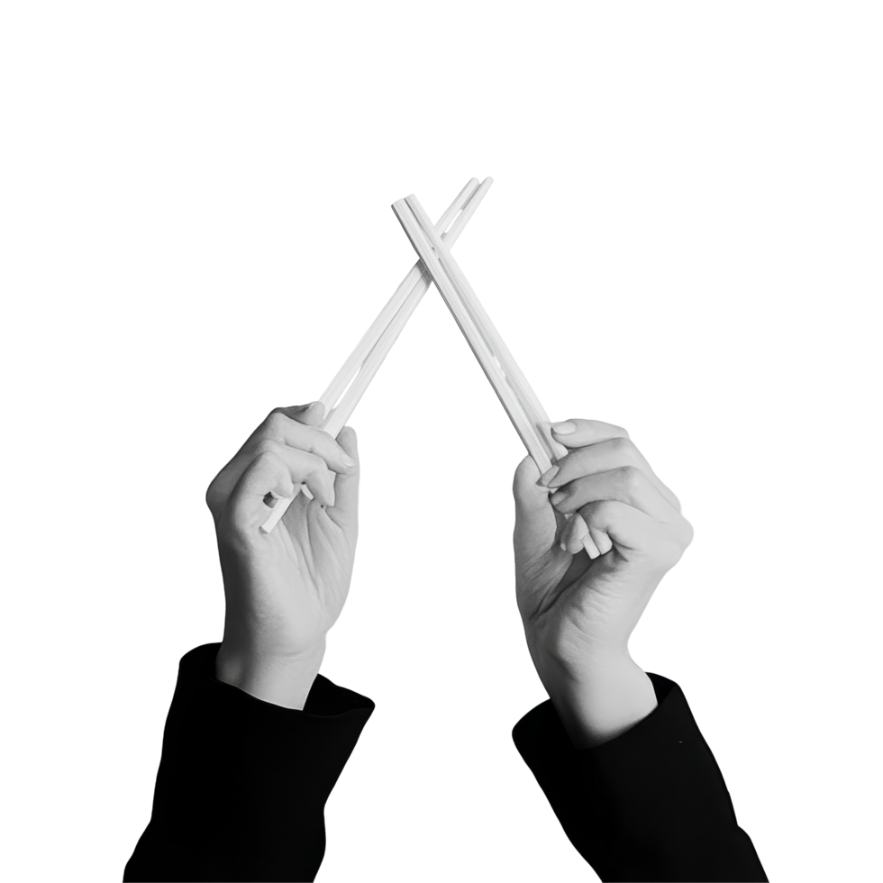 Hands skillfully holding chopsticks in a stylish, minimalist setting, ready for eating, hands holding chopsticks png