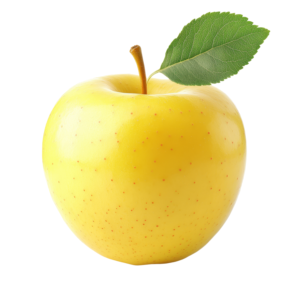 A fresh yellow apple rests elegantly against a bright transparent background, showcasing its natural shine and leaf, yellow apple on transparent background png