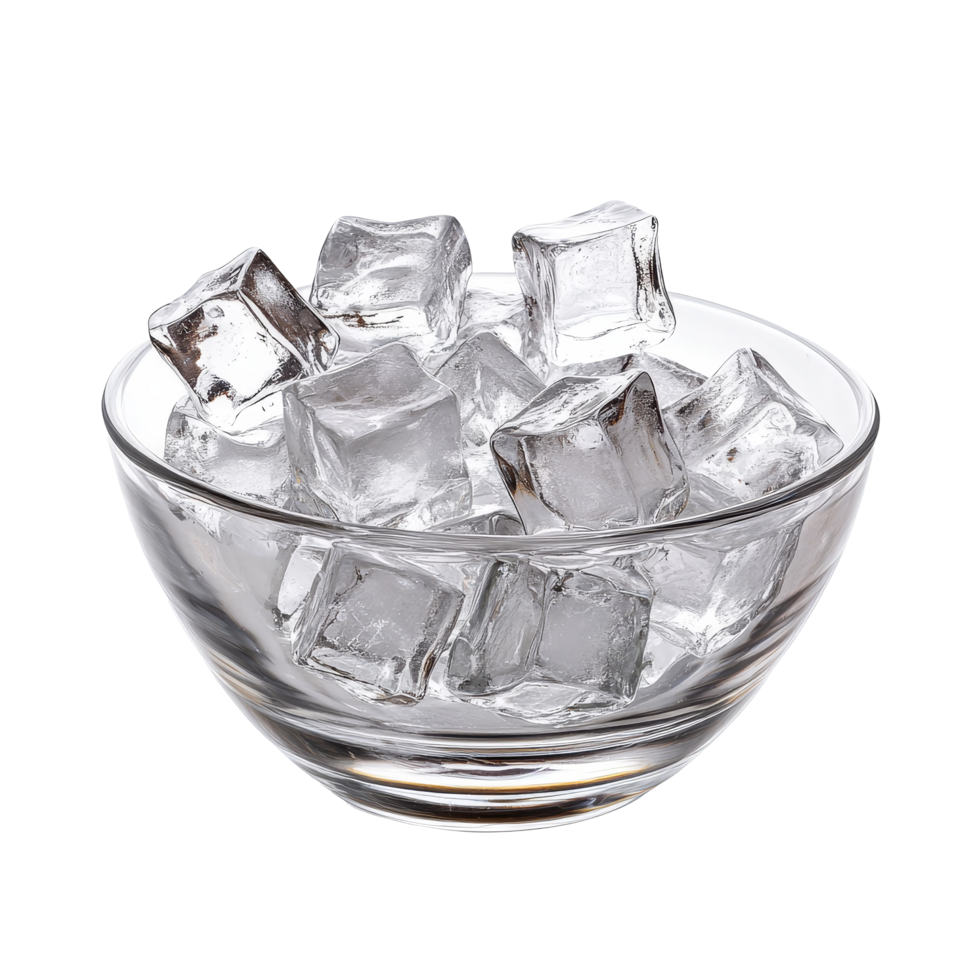 A clear glass bowl filled with ice cubes isolated on a bright transparent background for refreshing beverages or cocktails, ice cubes in the bowl on transparent background png