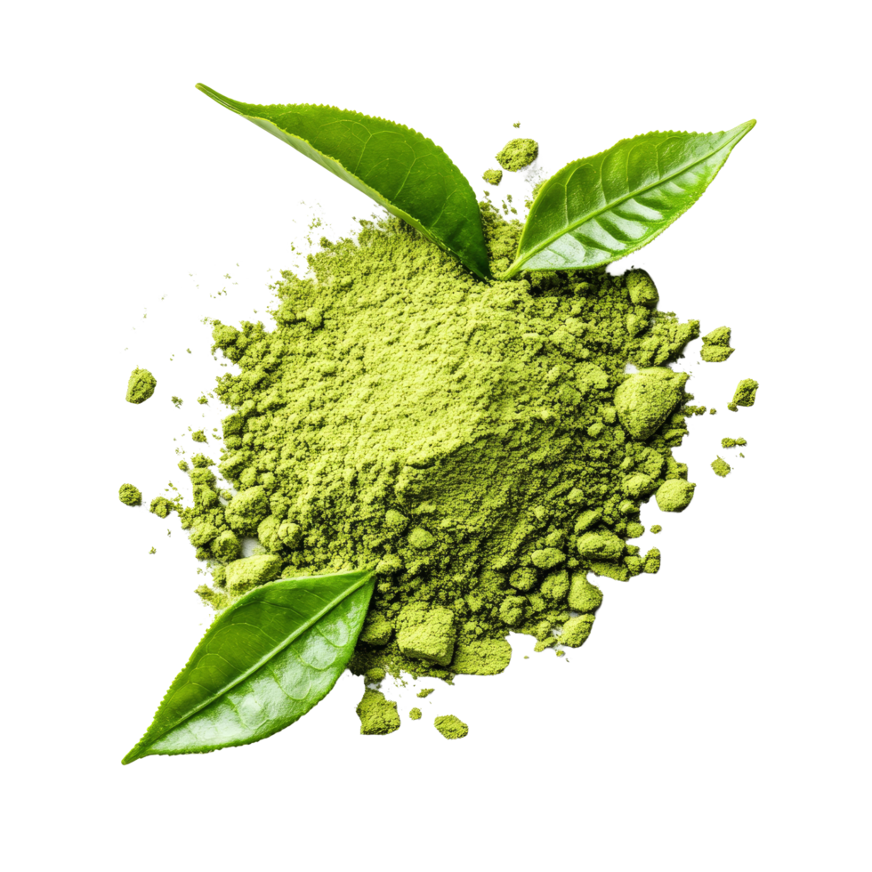 Instant green tea powder scattered with fresh tea leaves on a transparent surface for beverage preparation, Instant green tea powder on transparent background png