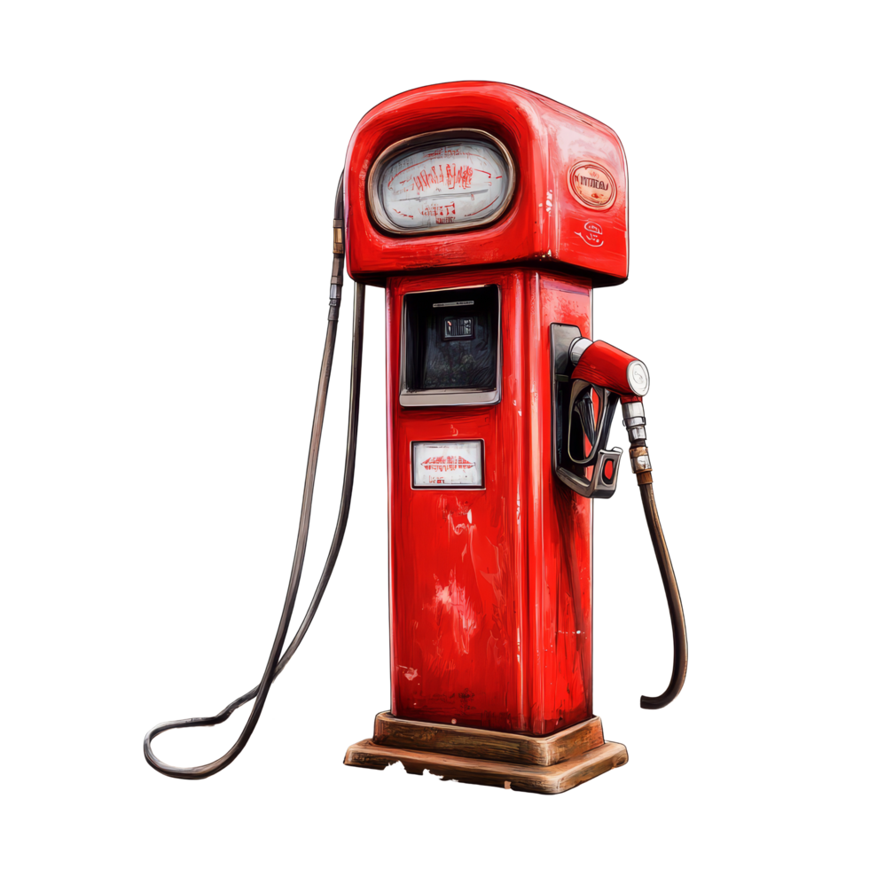 Bright red vintage gasoline pump in an urban setting, showcasing classic design and functional details at dusk, Red gasoline pump Stock Illustration png