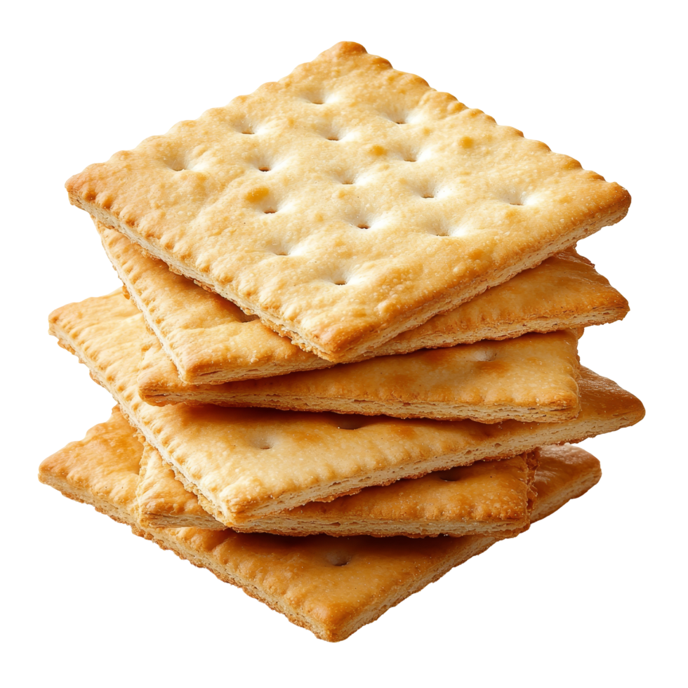 Stack of crispy crackers isolated on a clean transparent background, showcasing their texture and color in a like hue, Cracker isolated on transparent background png