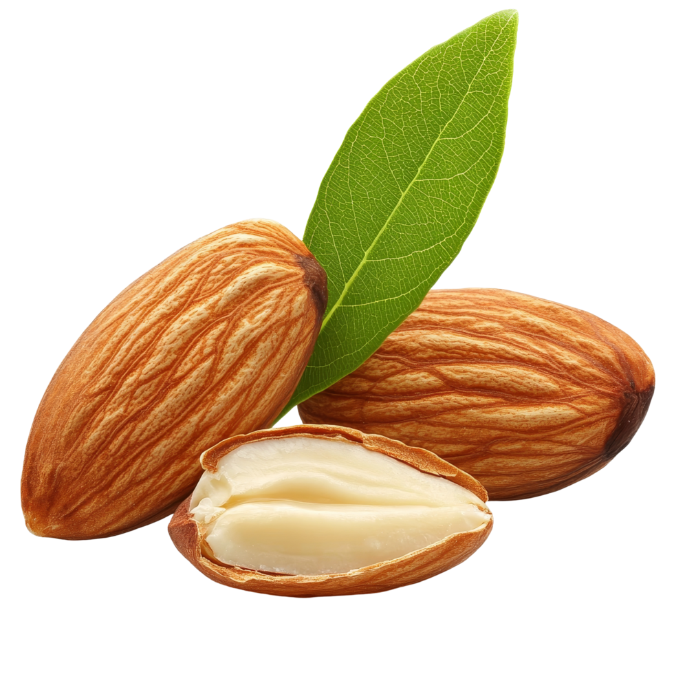 Detailed view of raw almonds on a transparent background with green leaf accent, Almond on transparent background png