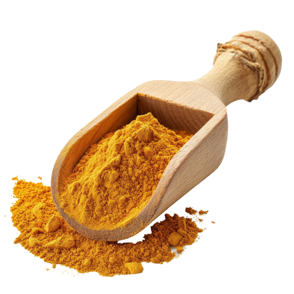 Turmeric curcuma powder heaped in a natural wooden scoop against a plain transparent background, Turmeric Curcuma powder pile in wood scoop isolated on transparent background png