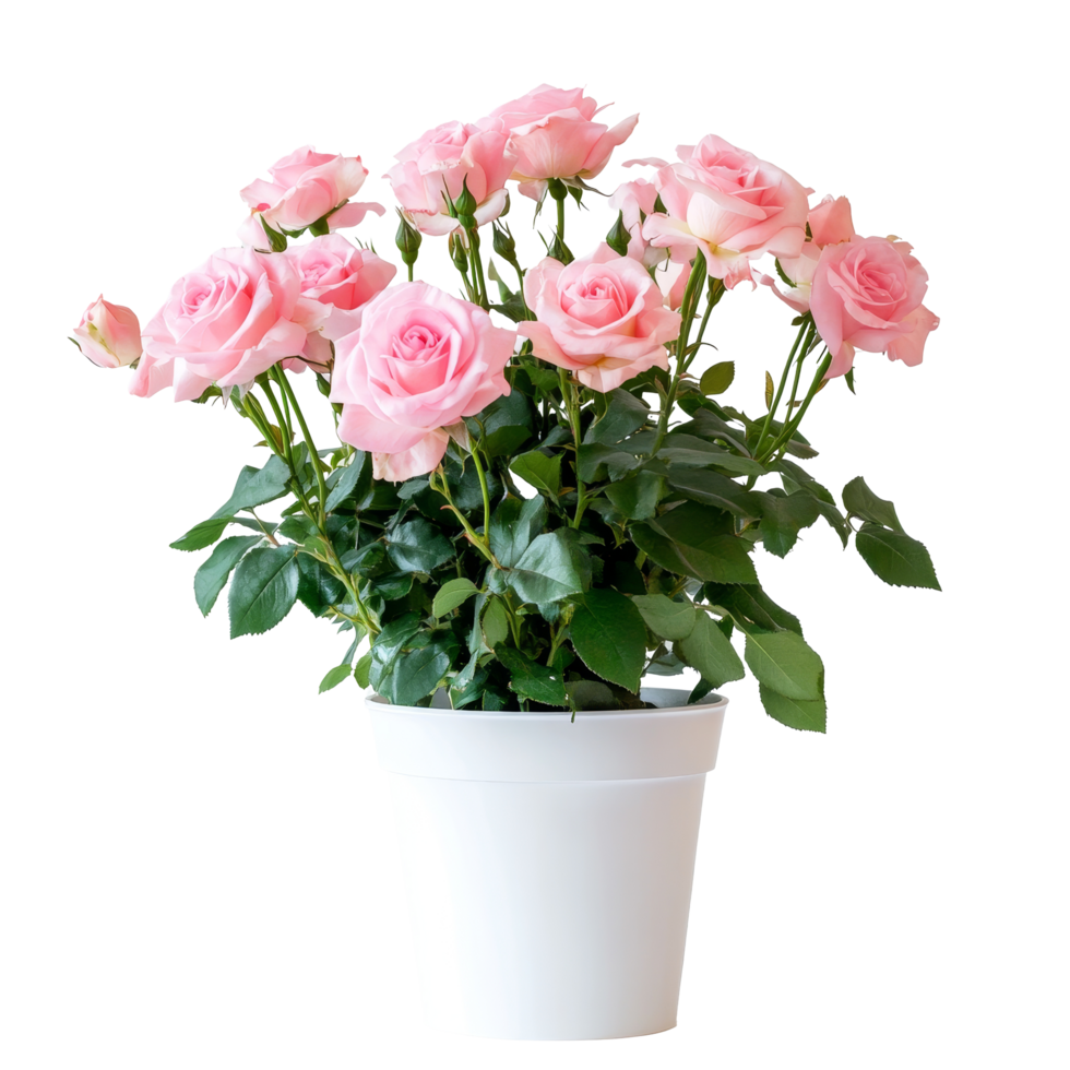 A beautiful pot of pink roses against a clean, transparent background highlighting their vibrant colors and freshness, Rose flowers plant pot transparent background. Rose flower transparent background png
