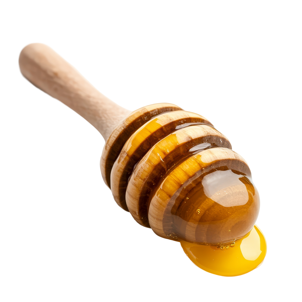 Natural honey dripping from a wooden dipper resting on a clean transparent background, perfect for culinary uses, Honey with wooden honey dipper on transparent background png