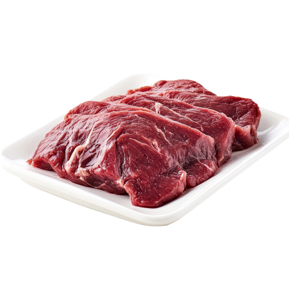 Raw pulp fat tail meat displayed on a transparent tray, ready for preparation in a kitchen setting, Isolated raw pulp fat tail meat png