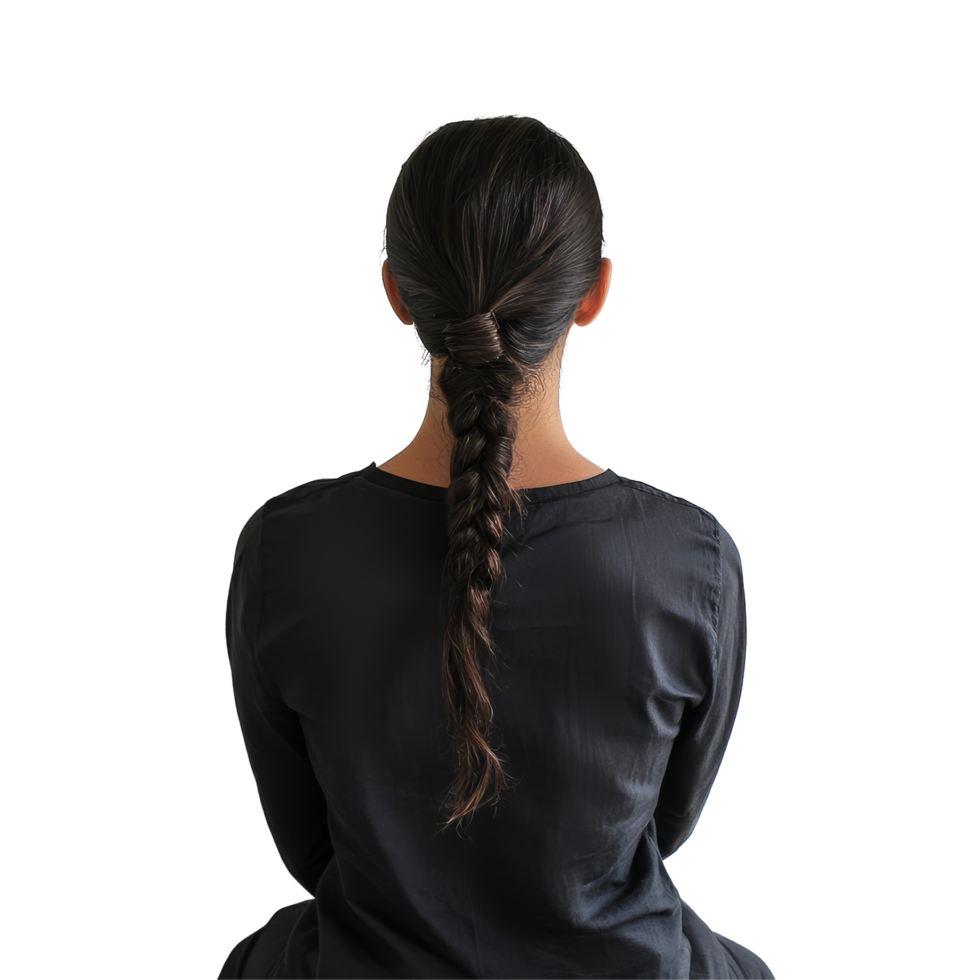 Back view of a woman with a ponytail sitting quietly against a transparent background, Back View of Woman Sitting with Ponytail on transparent background png