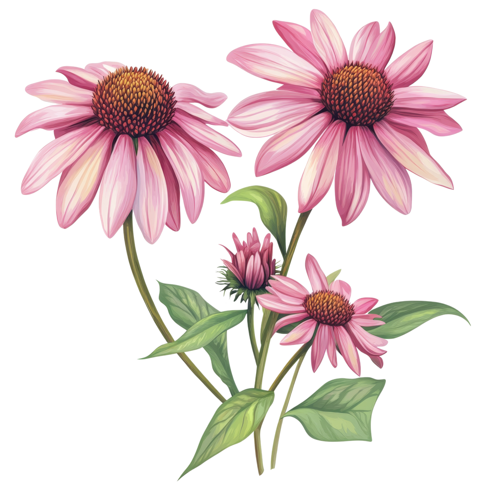 Echinacea flowers bloom gracefully in vibrant pink hues against a clean transparent backdrop showcasing their natural beauty, echinacea flowers isolated transparent background png