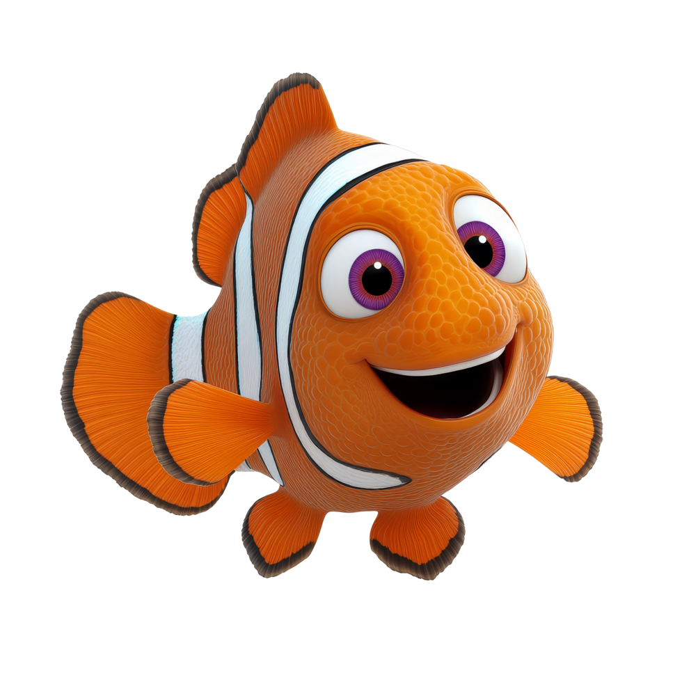 Cartoon clownfish character Nemo swimming joyfully against a simple transparent background, 3D Cartoon Clownfish, Nemo Character on transparent background png