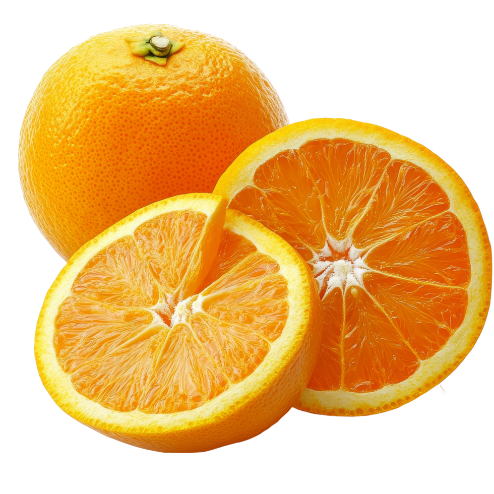 Fresh oranges displayed on a transparent background showcasing whole fruit alongside a sliced orange half, oranges isolated on transparent background png