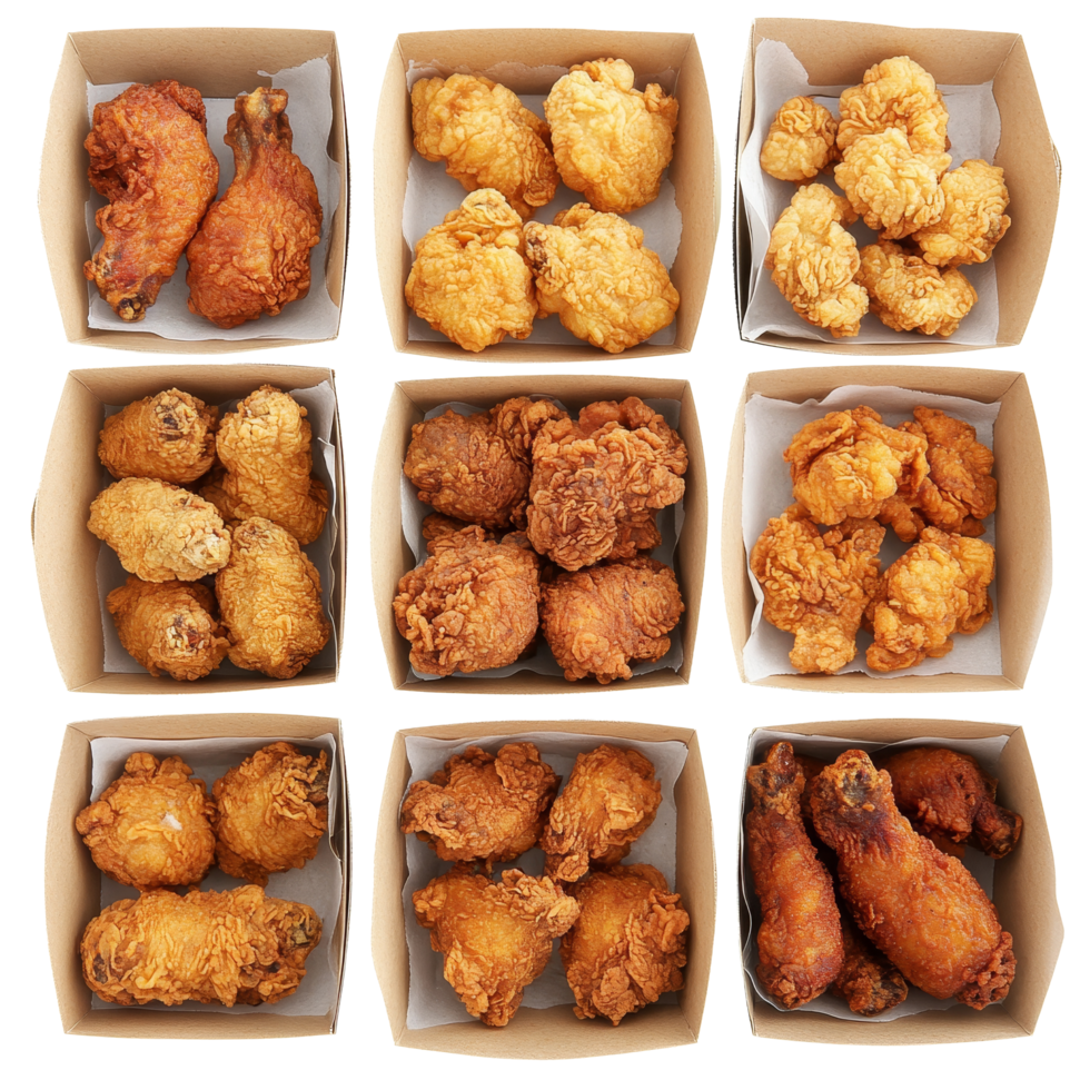A delectable collection of crispy fried chicken pieces arranged in square brown cardboard boxes ready for sharing, fried chicken in square brown card box paper isolated on transparent background png