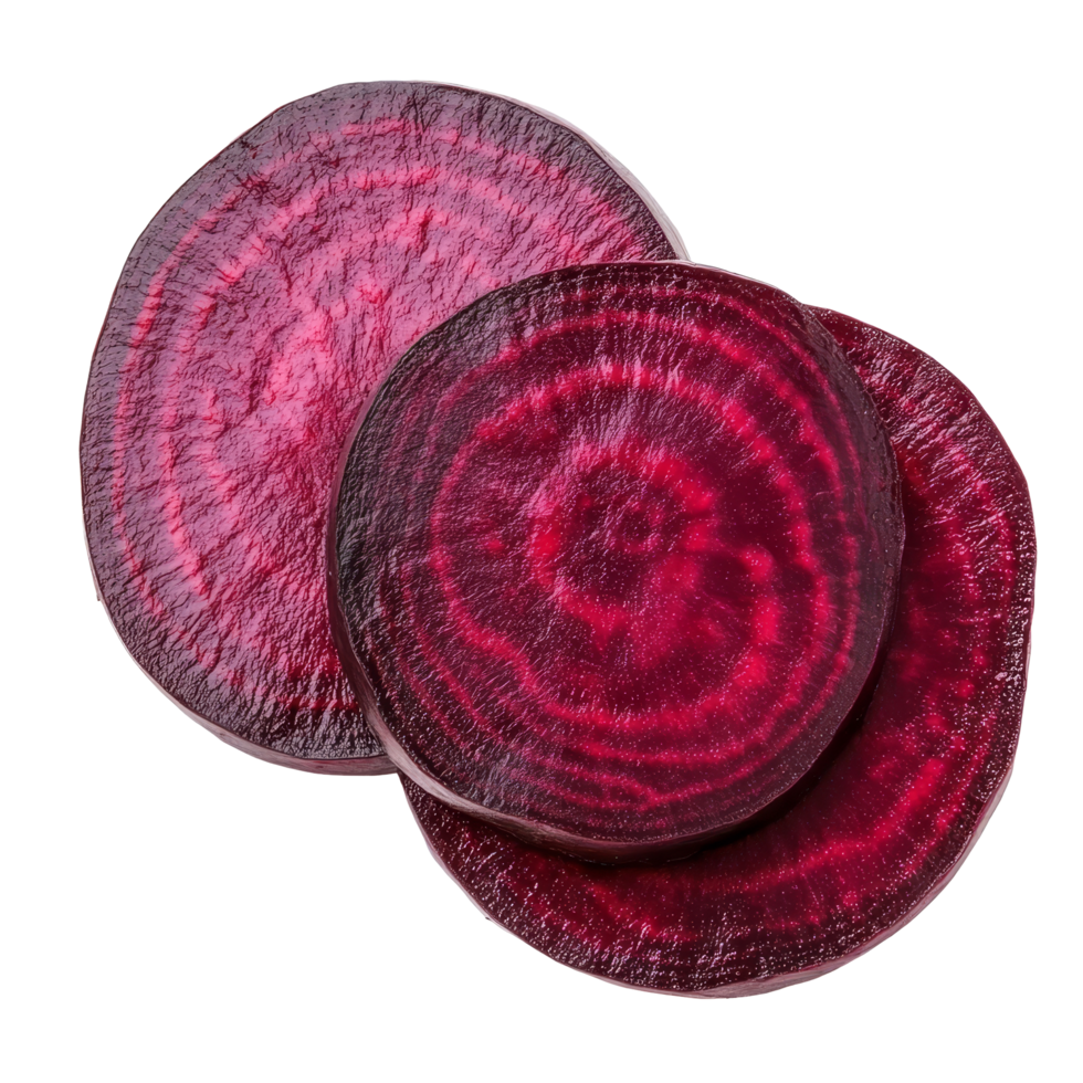 Freshly sliced beetroot on a transparent background showcasing vibrant colors and natural patterns, Beetroot slices isolated on transparent background png