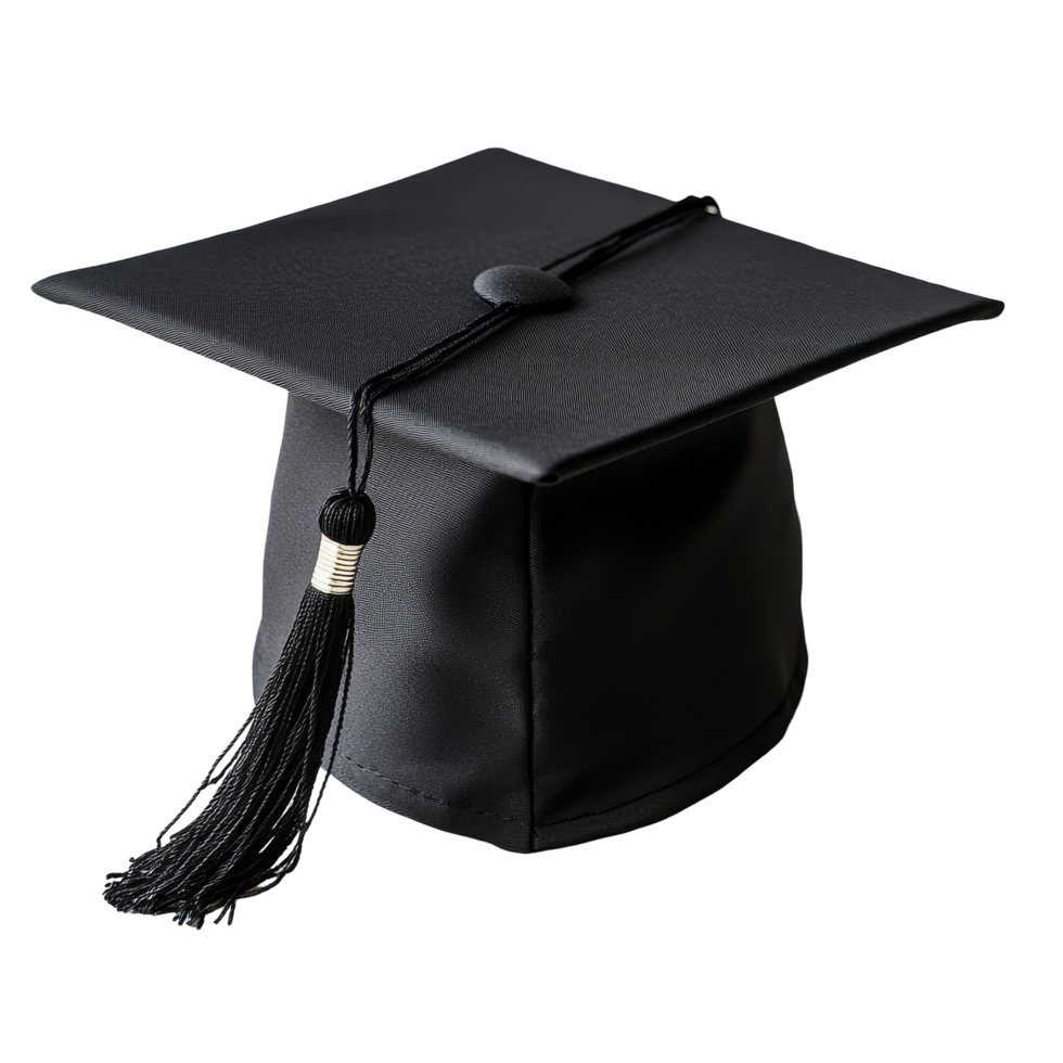 A black graduation cap isolated on a transparent background symbolizing educational achievement and success, graduation cap on transparent background png
