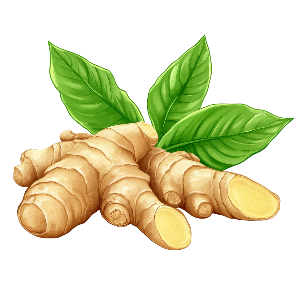 Fresh ginger root with vibrant green leaves resting on a clean transparent surface for culinary use and wellness, ginger herb with leaf on transparent background png